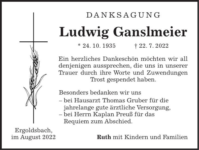Traueranzeige Ludwig Ganslmeier