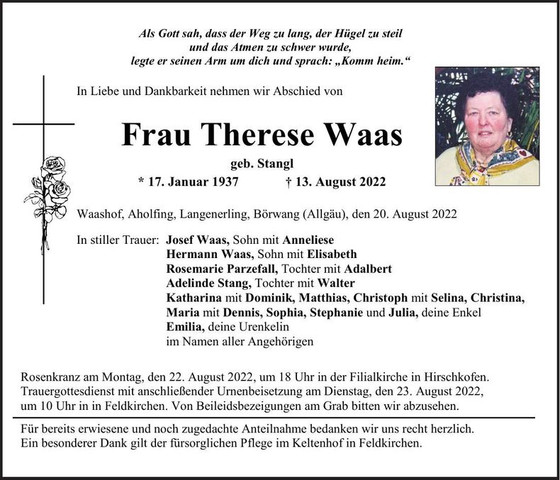 Traueranzeige Therese Waas