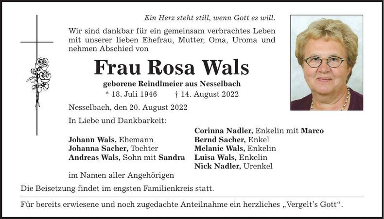 Traueranzeige Rosa Wals