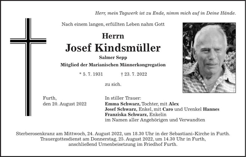 Traueranzeige Josef Kindsmüller