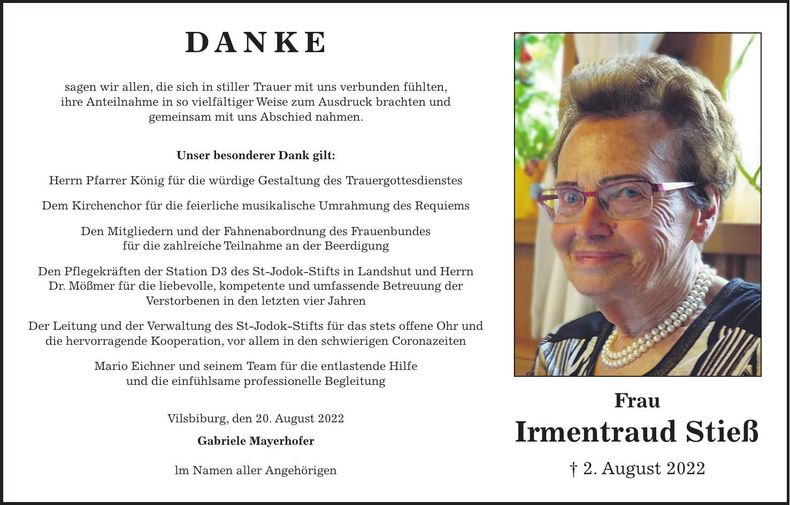 Traueranzeige Irmentraud Stieß