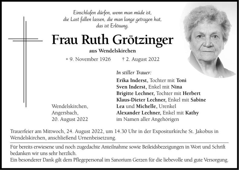 Traueranzeige Ruth Grötzinger