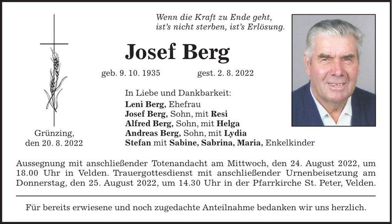 Traueranzeige Josef Berg