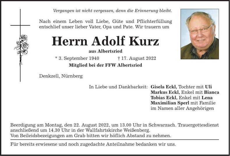 Traueranzeige Adolf Kurz