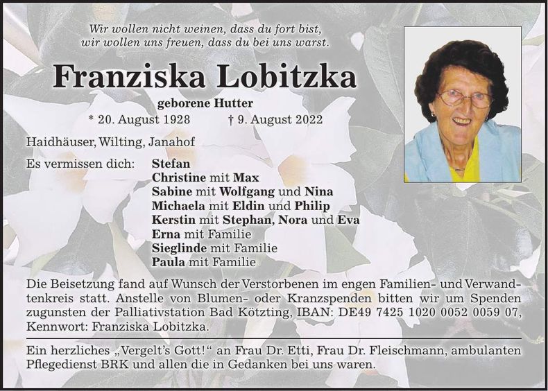 Traueranzeige Franziska Lobitzka