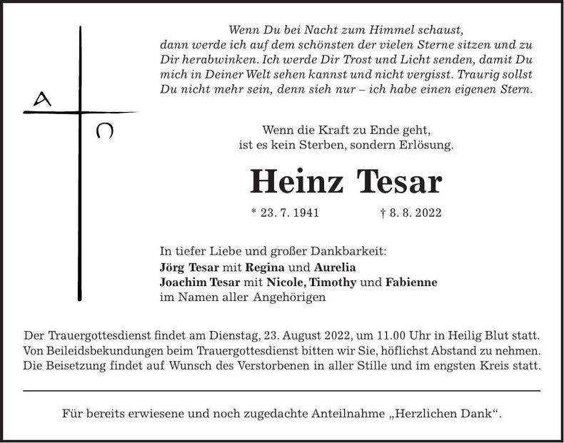 Traueranzeige Heinz Tesar