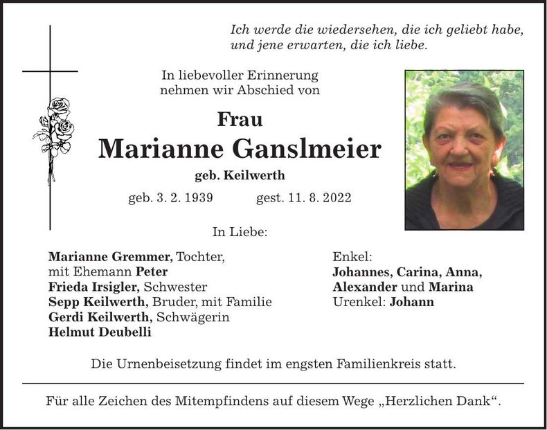 Traueranzeige Marianne Ganslmeier