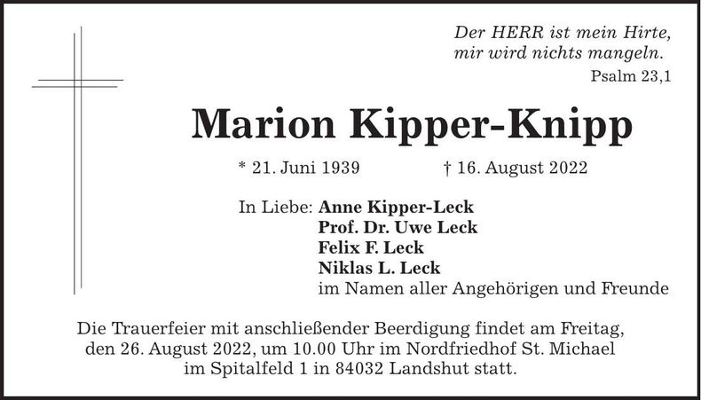 Traueranzeige Marion Kipper-Knipp