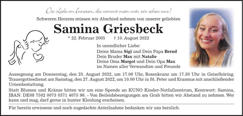 Traueranzeige Samina Griesbeck
