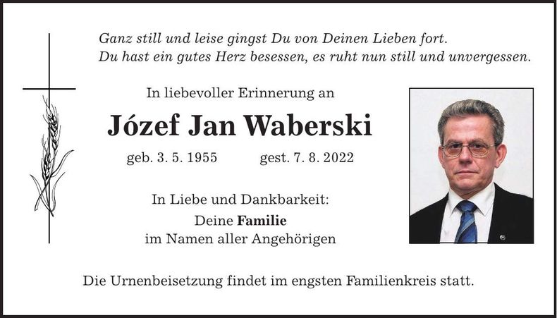 Traueranzeige Józef Jan Waberski Waberski