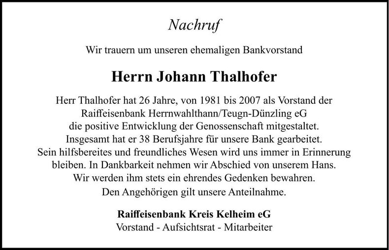 Traueranzeige Johann Thalhofer