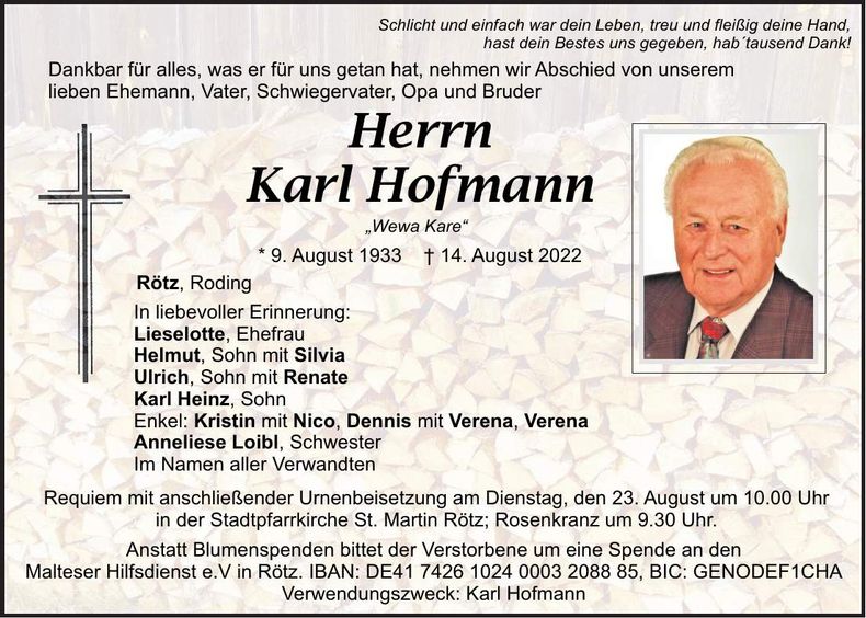 Traueranzeige Karl Hofmann