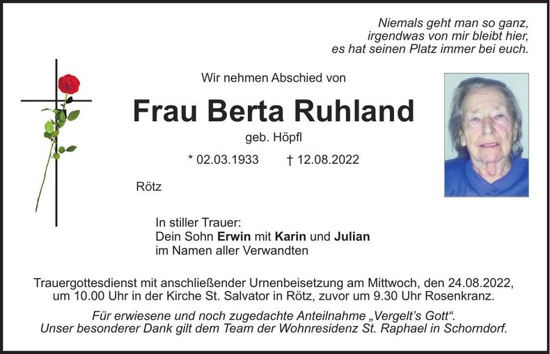 Traueranzeige Berta Ruhland