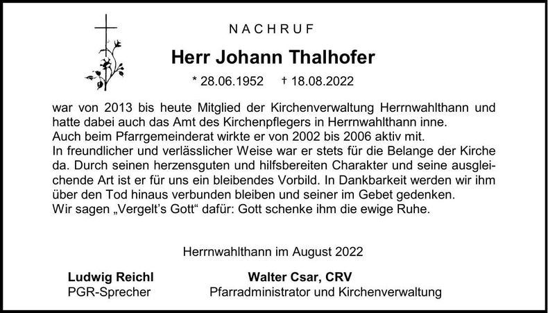 Traueranzeige Johann Thalhofer