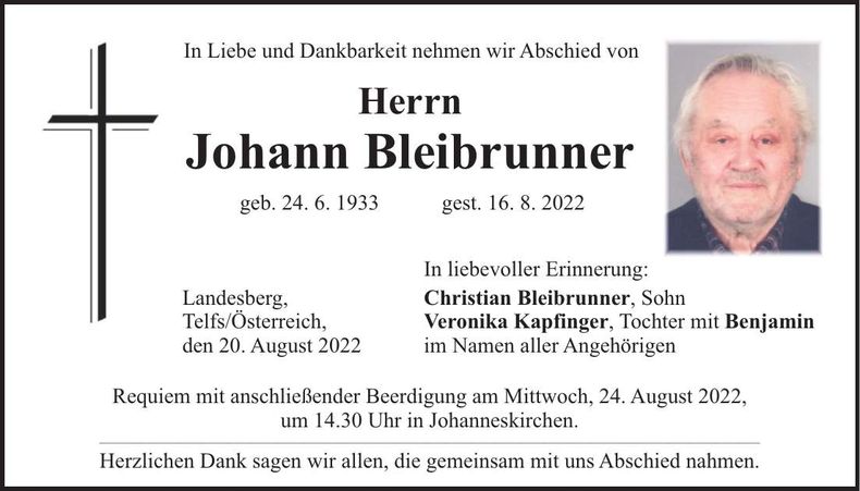 Traueranzeige Johann Bleibrunner