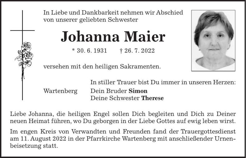 Traueranzeige Johanna Maier