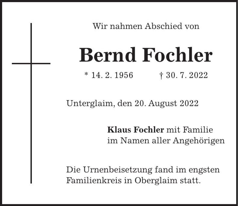 Traueranzeige Bernd Fochler