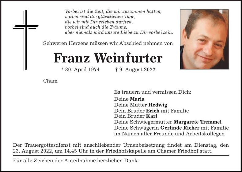 Traueranzeige Franz Weinfurter