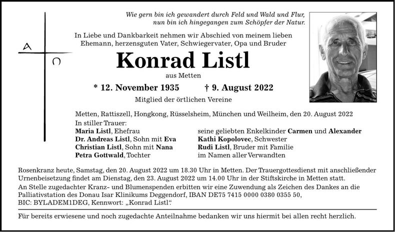 Traueranzeige Konrad Listl