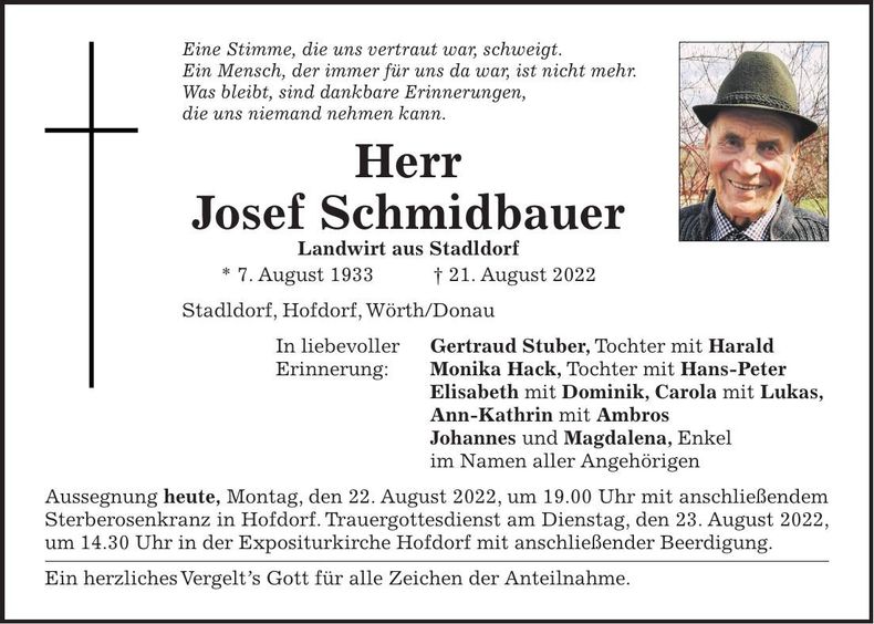 Traueranzeige Josef Schmidbauer