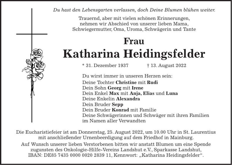 Traueranzeige Katharina Heidingsfelder