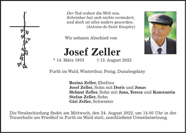 Traueranzeige Josef Zeller