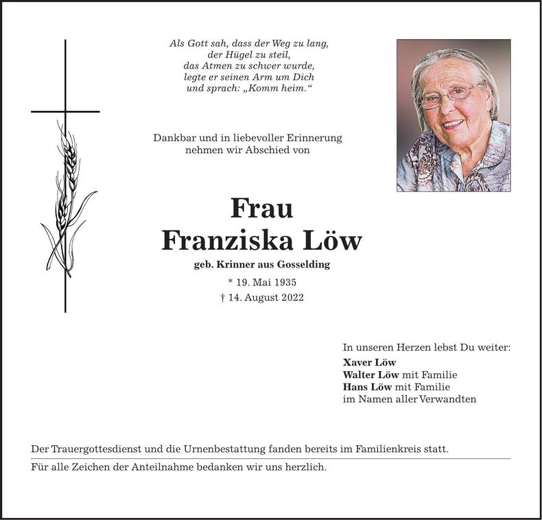 Traueranzeige Franziska Löw