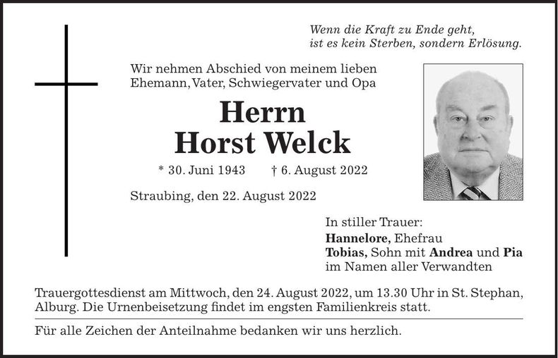 Traueranzeige Horst Welck