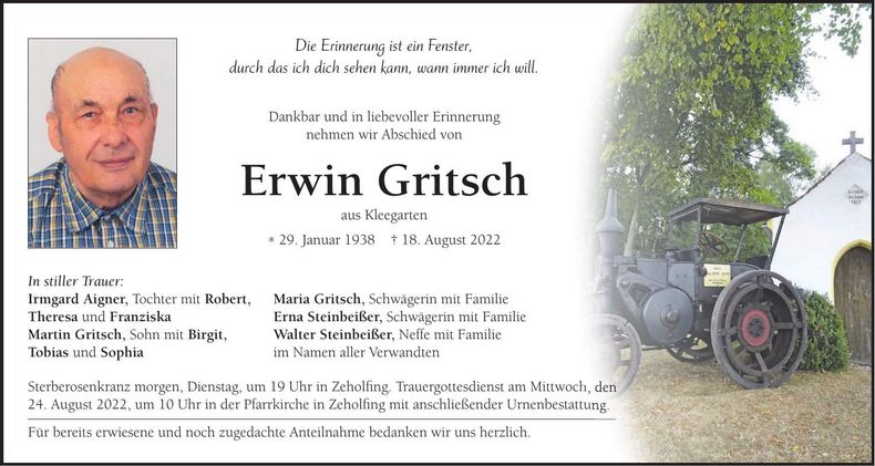Traueranzeige Erwin Gritsch