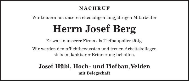 Traueranzeige Josef Berg