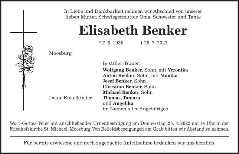 Traueranzeige Elisabeth Benker