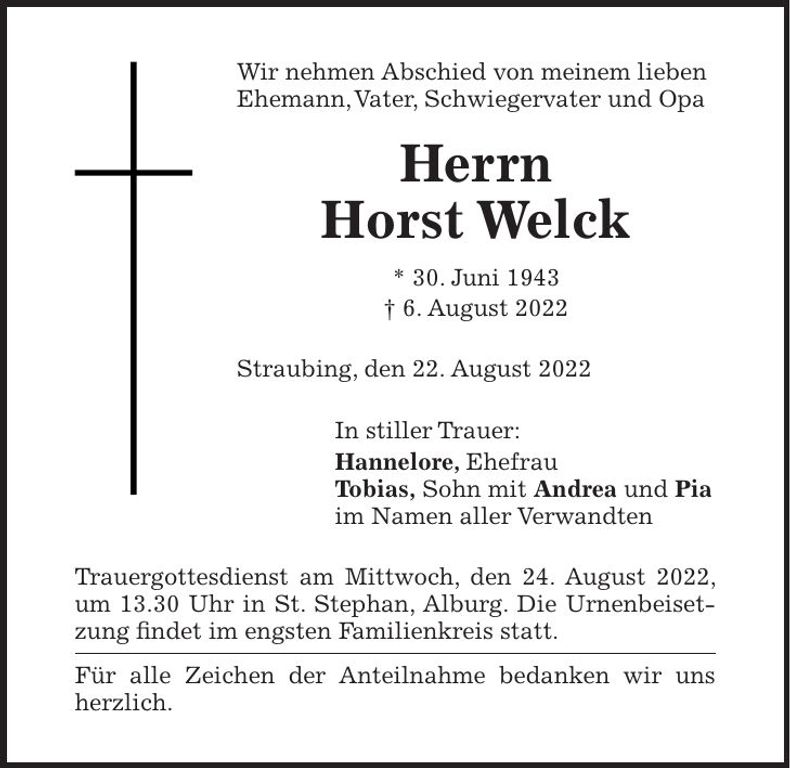 Traueranzeige Horst Welck