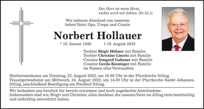 Traueranzeige Norbert Hollauer