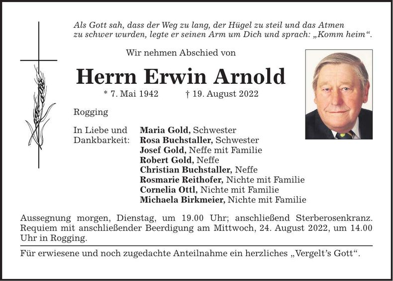 Traueranzeige Erwin Arnold