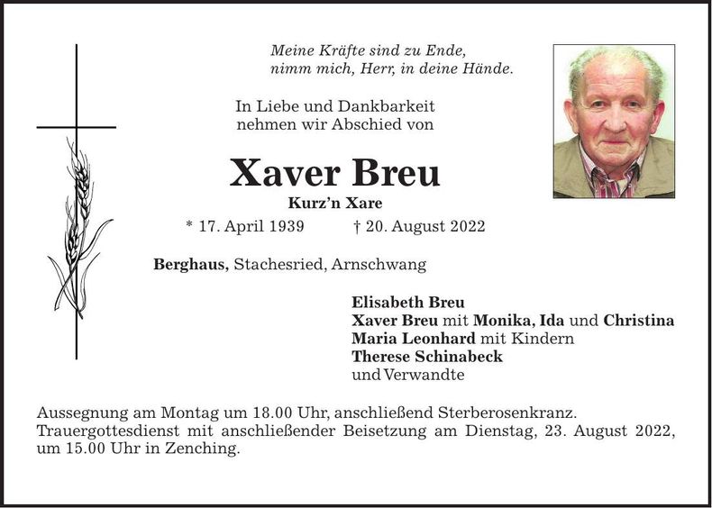 Traueranzeige Xaver Breu