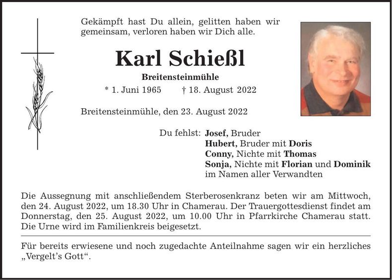 Traueranzeige Karl Schießl