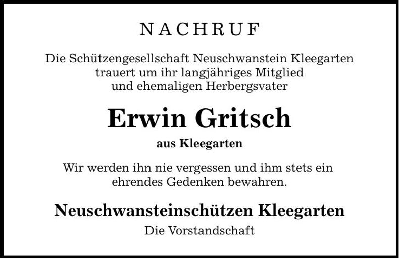 Traueranzeige Erwin Gritsch