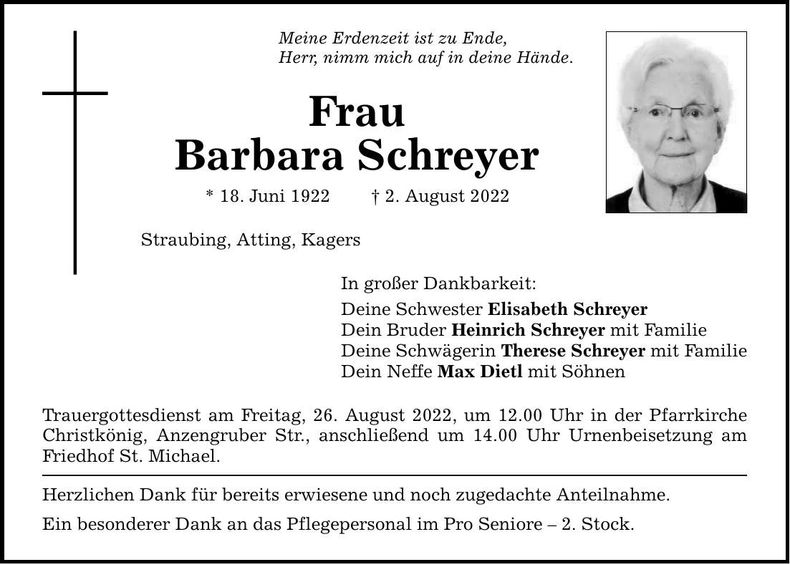 Traueranzeige Barbara Schreyer