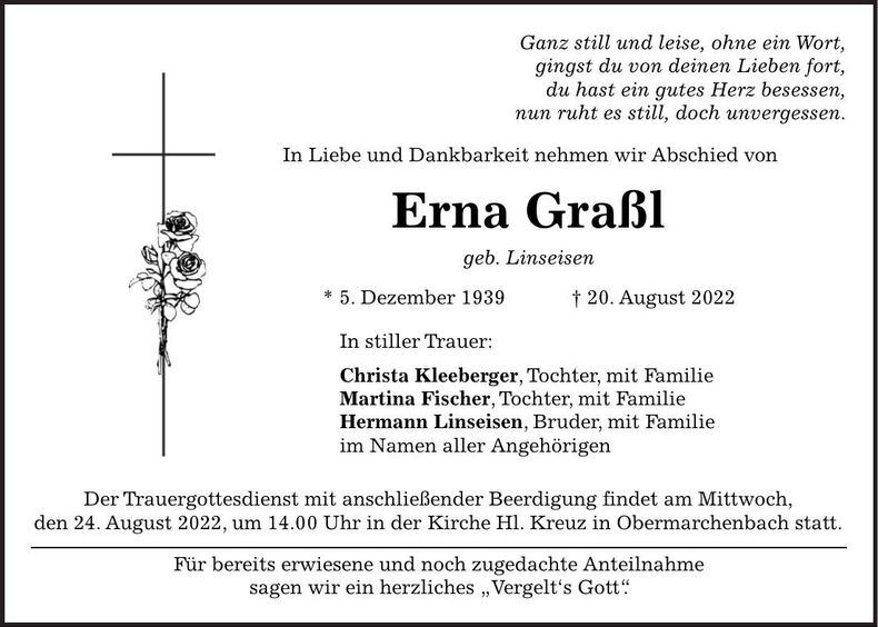 Traueranzeige Erna Graßl