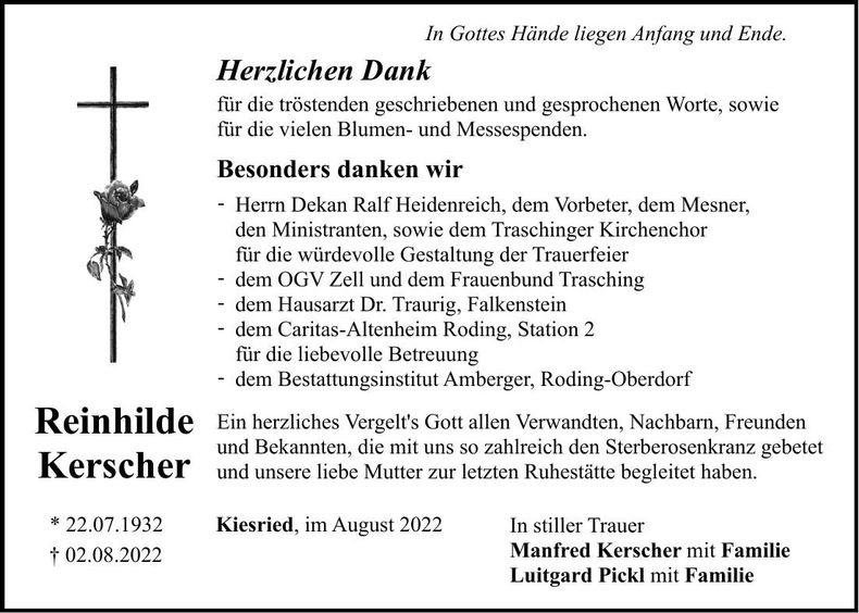 Traueranzeige Reinhilde Kerscher
