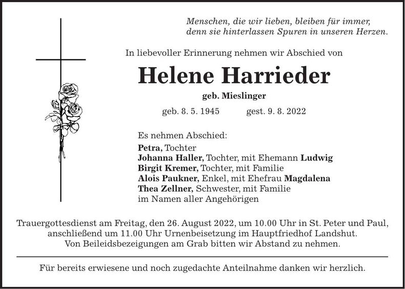 Traueranzeige Helene Harrieder