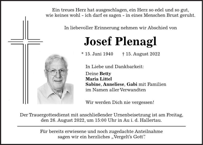 Traueranzeige Josef Plenagl