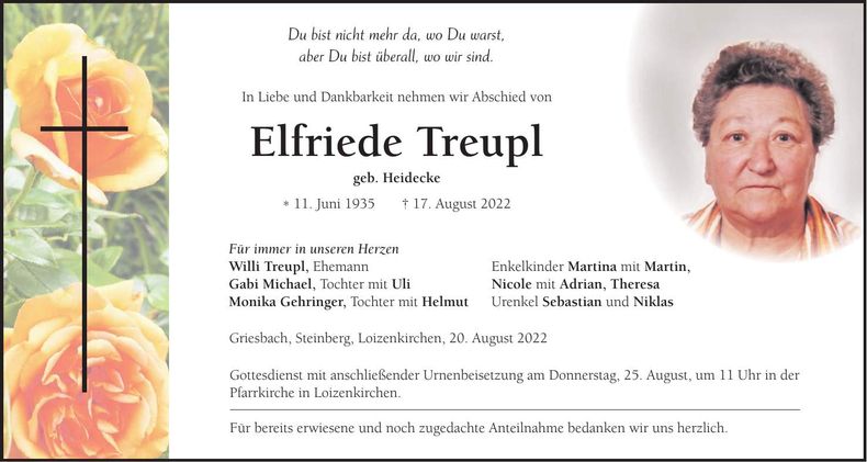Traueranzeige Elfriede Treupl