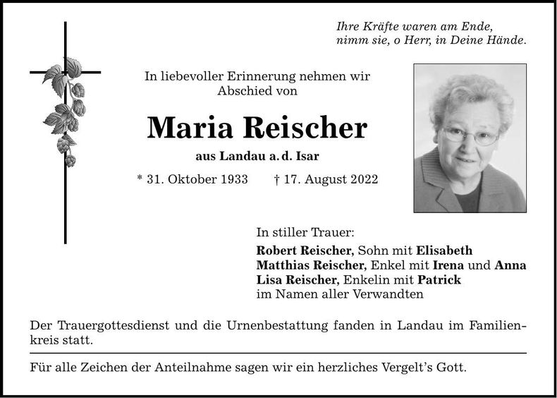 Traueranzeige Maria Reischer