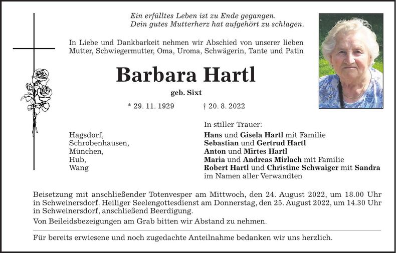 Traueranzeige Barbara Hartl