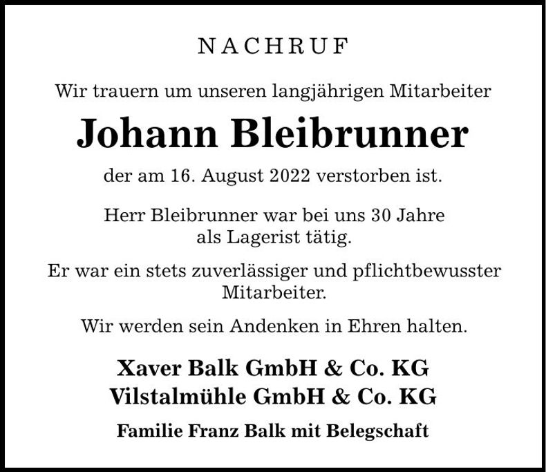 Traueranzeige Johann Bleibrunner