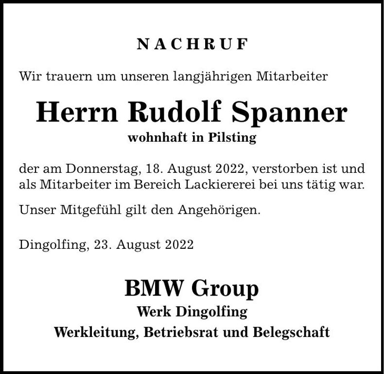 Traueranzeige Rudolf Spanner
