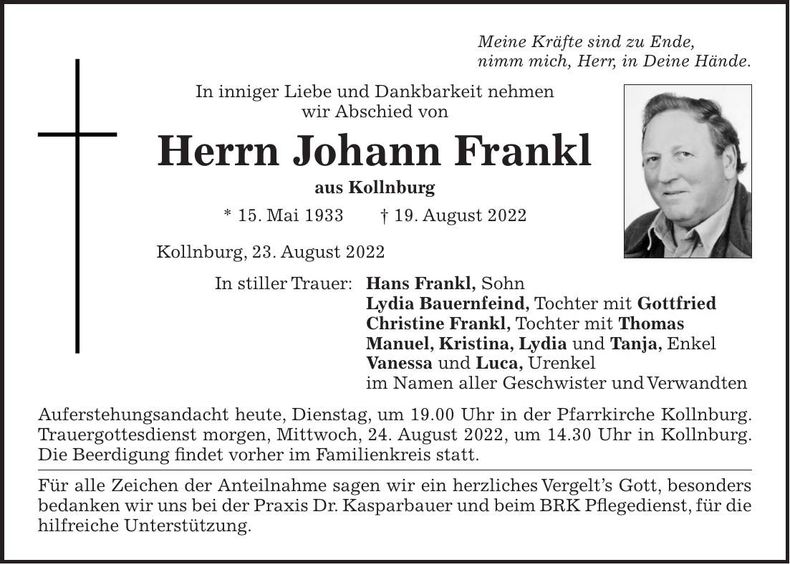 Traueranzeige Johann Frankl