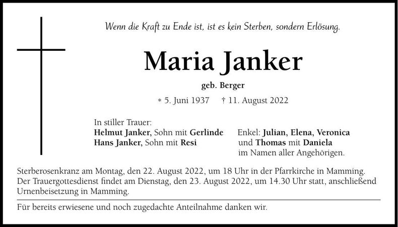 Traueranzeige Maria Janker