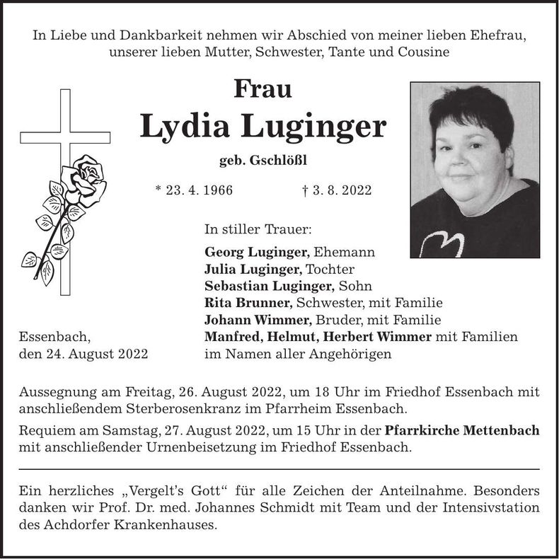 Traueranzeige Lydia Luginger